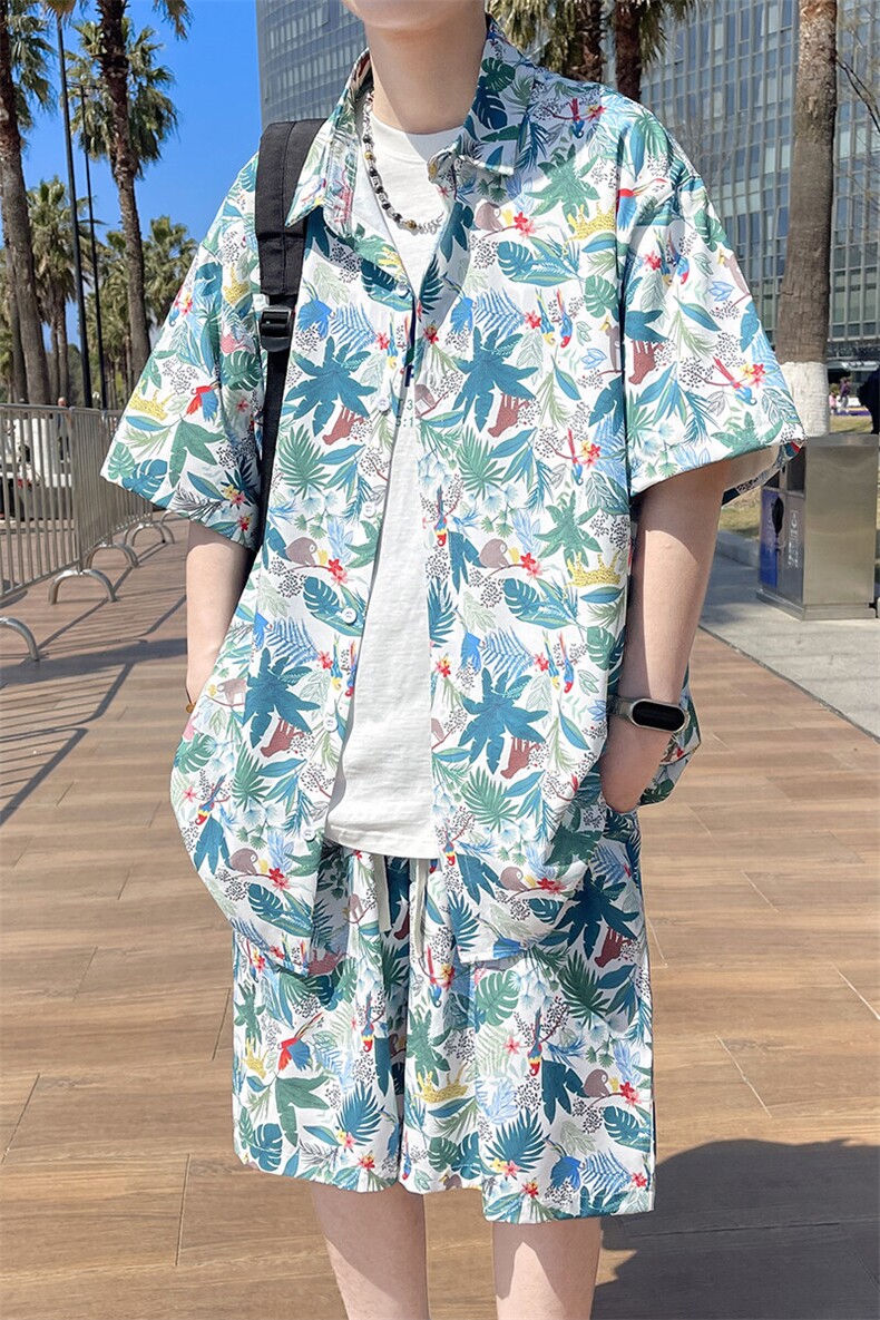 热带植物沙滩套装宽松花衬衫男短袖两件套TZ882/880衣35裤23/TP58,男装衬衫,电商A012