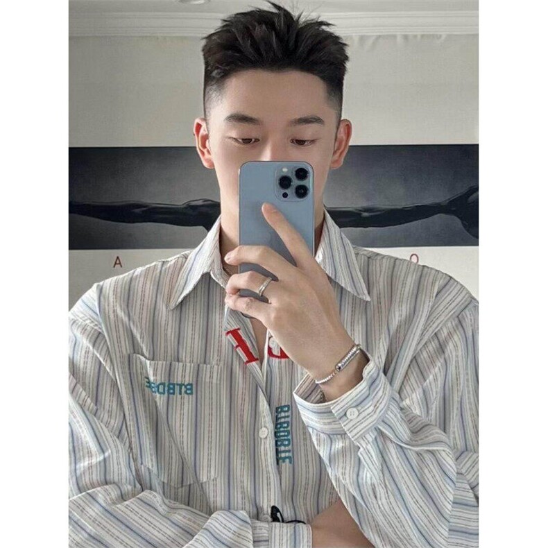 文艺感刺绣衬衫男女长袖春夏防晒休闲宽松外套竖条纹衬衣CX22,男装衬衫,星座1116A（原606A-3）
