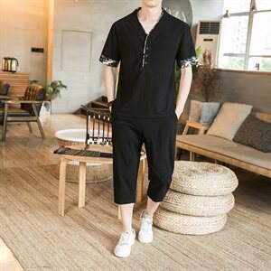 2021中式复古棉麻短袖两件套男夏季时尚休闲套装QT6005-TZ06-P65图片