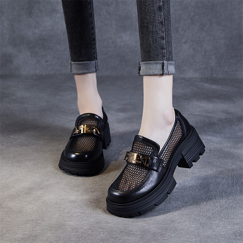 网面厚底乐福鞋女2024年新款夏季真皮透气网纱小皮鞋一脚蹬单鞋，女鞋小皮鞋，电商A223