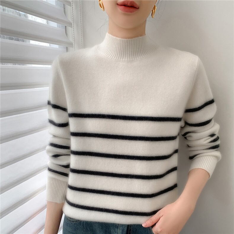 2025年秋季常规款通勤套头单件长袖半高圆领条纹，女装针织衫/毛衣，途瑞羊绒