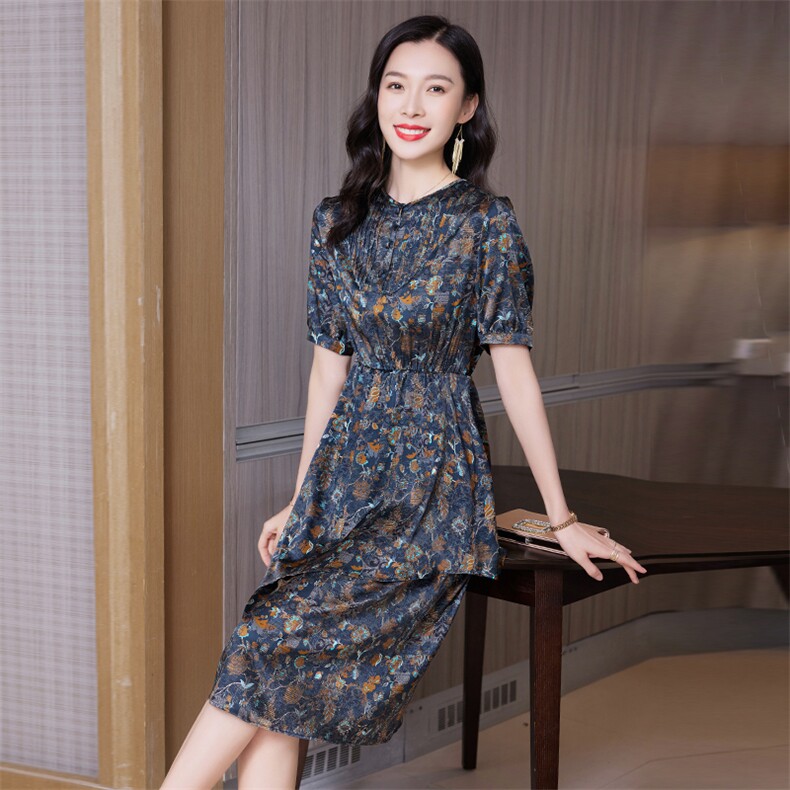 轻熟风印花真丝连衣裙女夏天2024新款高端精致设计感桑蚕丝裙子夏,女装连衣裙,阿舍尔精品