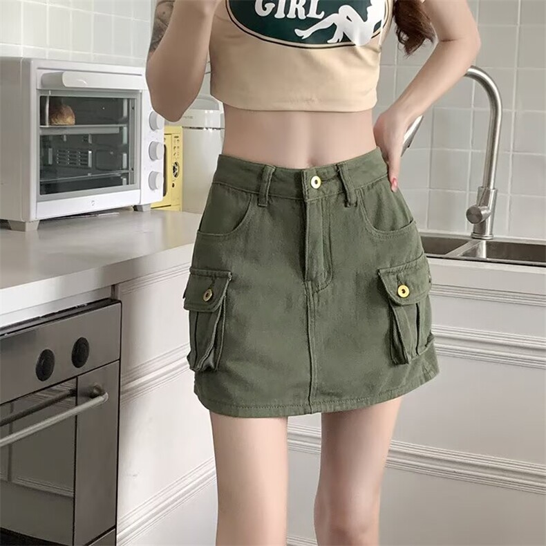 美式军绿色工装牛仔半身裙新款夏季高腰包臀a字辣妹短裙子裙裤子,女装休闲裤,星座1210-1