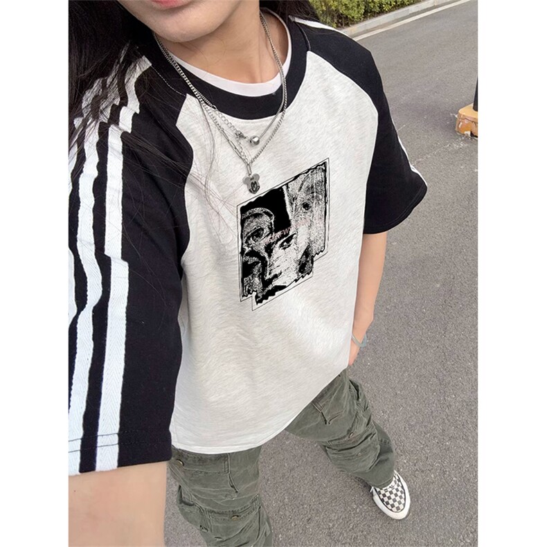 抖音得物品质二开240克宽松纯棉美式潮牌插肩三杠织带短袖T恤图片