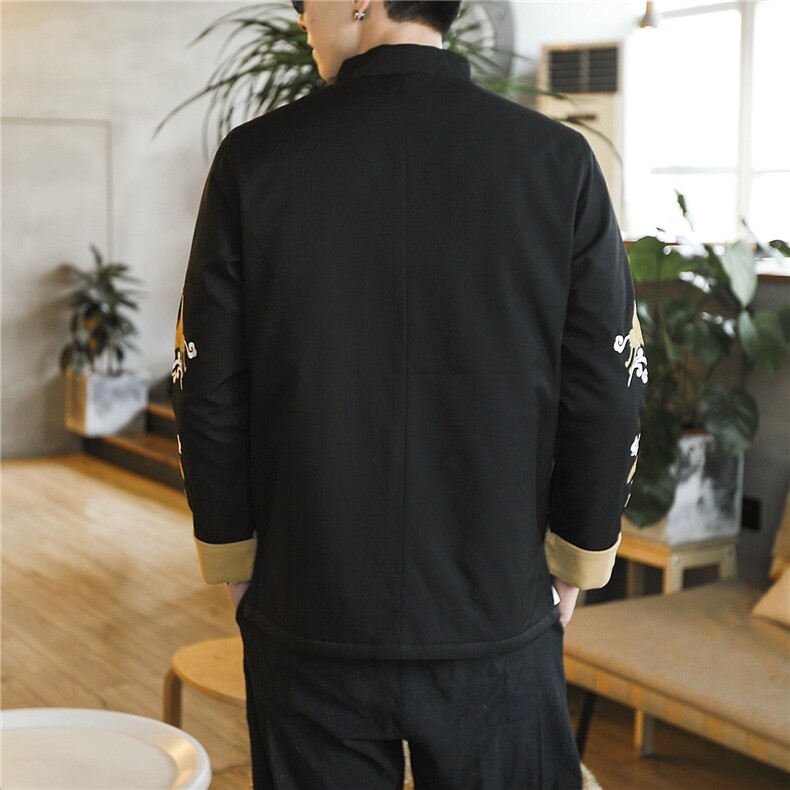0663^中式唐装汉服风青年潮牌中山装复古风刺绣盘扣加厚棉袄,男装夹克,钱塘777(原3023)