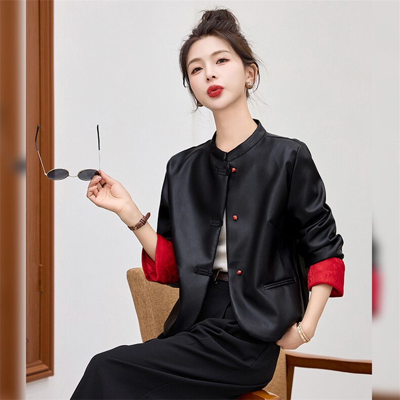现货G风新款仿真皮皮衣2024春装立领绵羊皮夹克新中式短款外套女,女装皮衣,江南女神