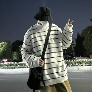 秋冬韩系慵懒风撞色条纹针织衫男女宽松情侣款Z8822-P50图片