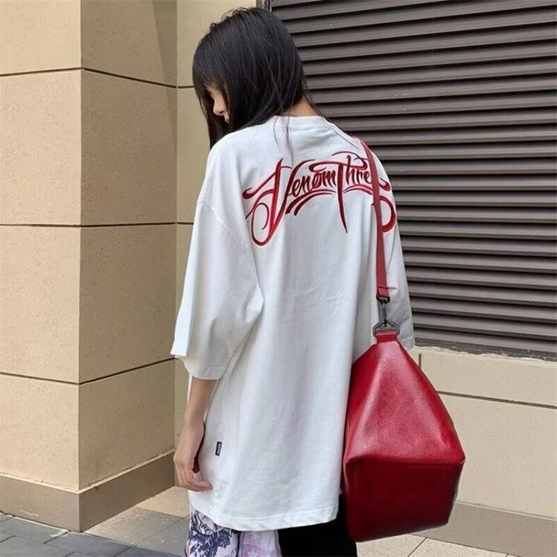夏季美式高街后背字母印花短袖T恤男女潮牌宽松休闲情侣圆领上衣,男装T恤,星座506A