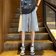 2026夏季港风牛仔短裤高品质拼接印花韩版男五分裤XD22988-P45，男装牛仔裤，电商A042