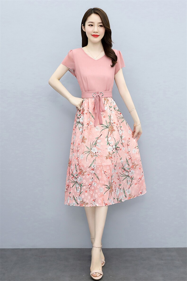 2025夏季碎花雪纺收腰假两件连衣裙女气质拼接裙子温柔长裙,女装连衣裙,牡丹诺
