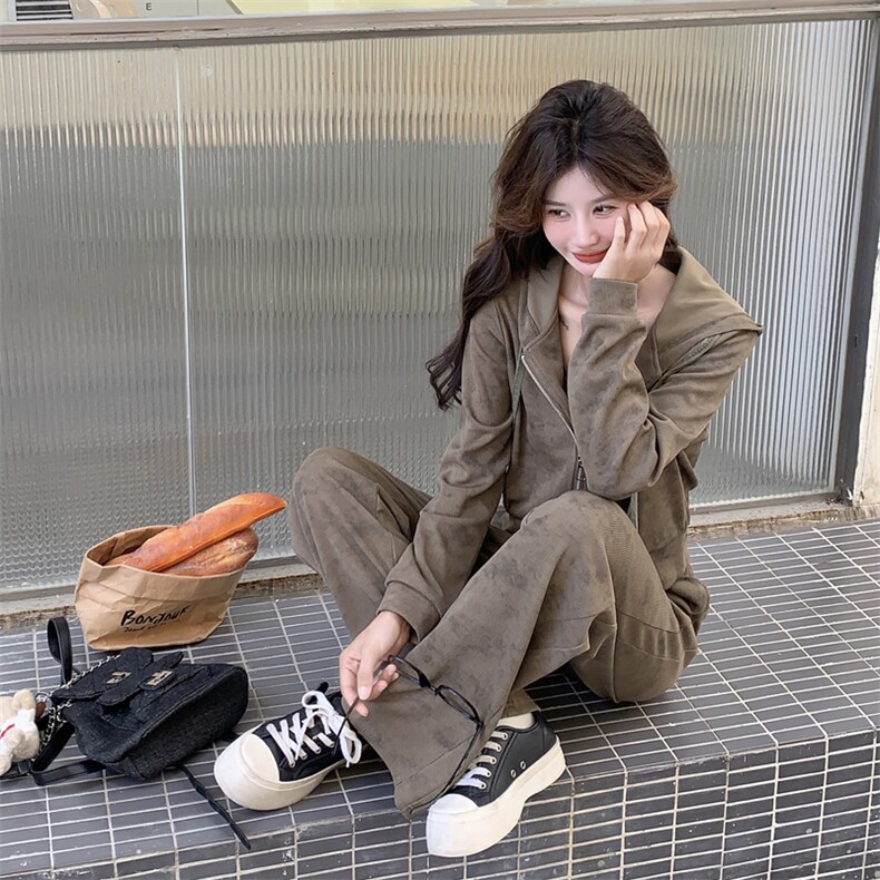 美拉德穿搭独特扎染卫衣套装女春秋2025年超火休闲运动ootd三件套，女装套装/套裙，多米2-075