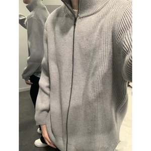 双拉链开衫毛衣男秋季复古潮牌立领青少年高级感慵懒风针织衫外套