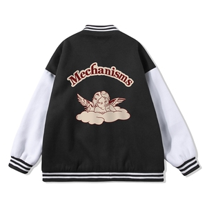 白底 春季新款港风小天使印花潮牌拼接棒球服夹克外套G97P65控88图片