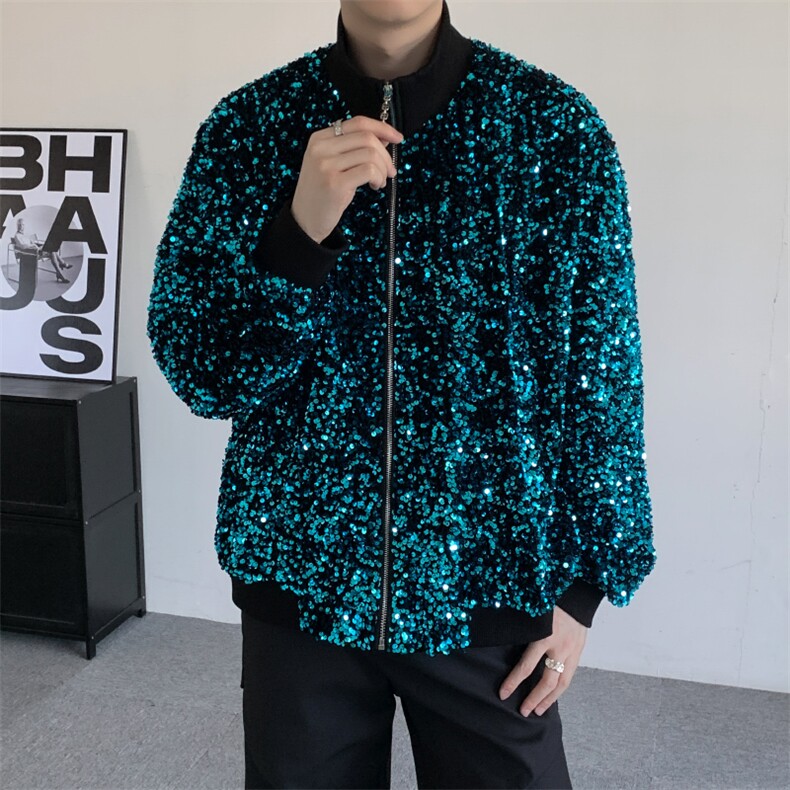 秋明星同款蓝色亮片发亮演出服男歌手舞蹈DJ休闲夹克外套男棒球衫,男装夹克,星座909