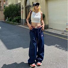 克莱因蓝双腰头拼接假两件休闲裤夏季薄款2025新款低腰直筒阔腿裤，男装休闲裤，星座506A