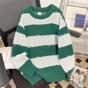 秋冬撞色拼接学院风线衣外套条纹圆领套头针织衫毛衣V35-P43图片