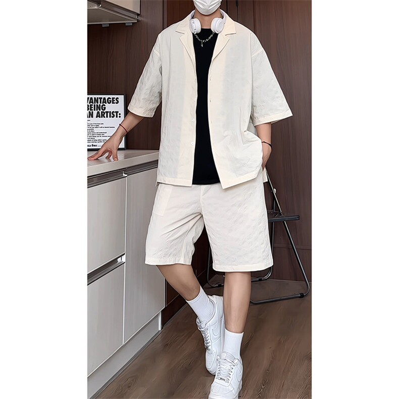TZ52932/P65西服领短袖衬衣裤子套装男潮夏季肌理感西装领两件套,男装西服,电商A141