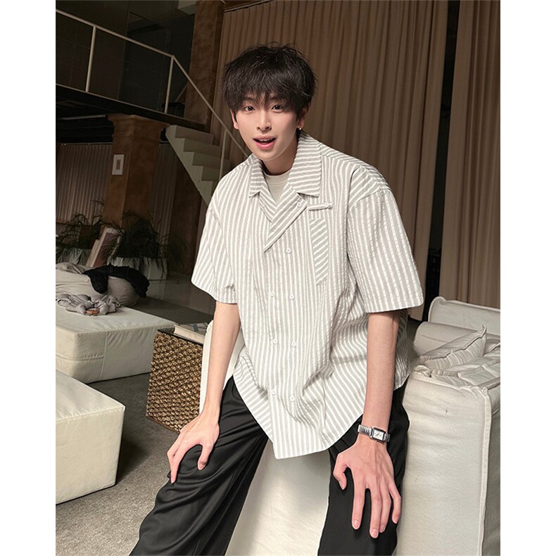 春夏英伦学院风青春男大竖条纹短袖衬衫翻领外套口袋设计短袖P40,男装T恤,电商B319