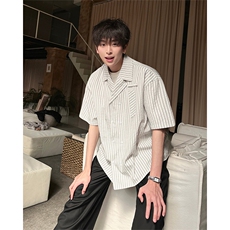 春夏英伦学院风青春男大竖条纹短袖衬衫翻领外套口袋设计短袖P40，男装T恤，电商B319