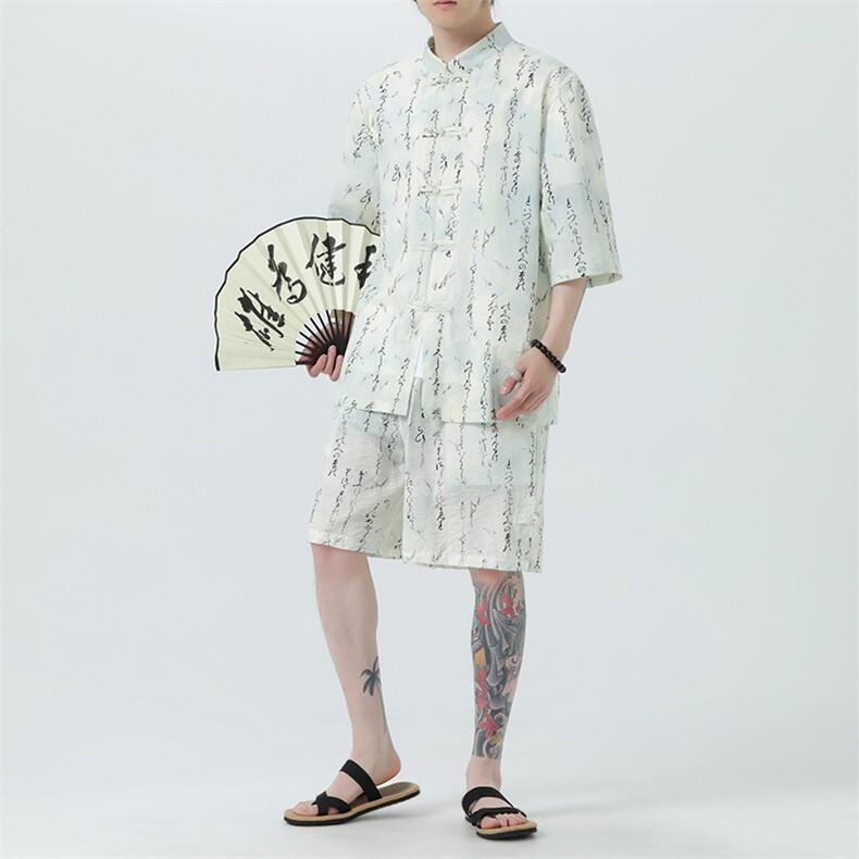 2025夏季新款男装风冰丝印花盘扣唐装套装短袖+短裤A106-P80,男装休闲套装,电商B277(原6028)