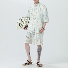 2025夏季新款男装风冰丝印花盘扣唐装套装短袖+短裤A106-P80，男装休闲套装，电商B277(原6028)