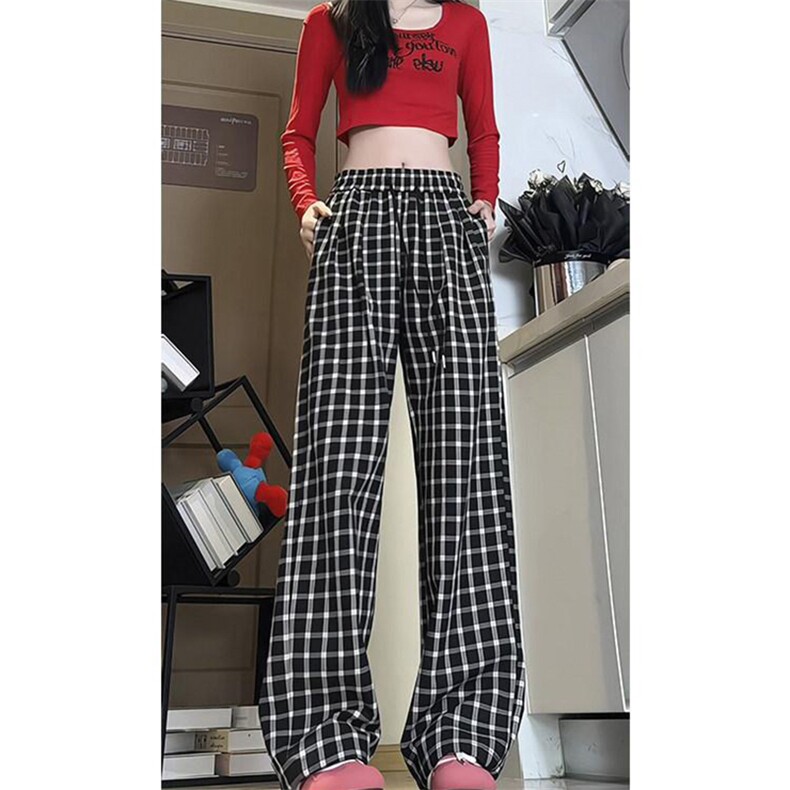 美式高街潮牌男女泡泡格子休闲裤直筒宽松慵懒显瘦阔腿休闲长裤子，男装休闲裤，电商A443