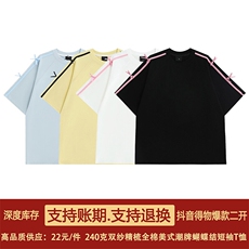 抖音得物二开240克宽松纯棉美式高街蝴蝶结工艺装饰短袖T恤潮，男装T恤，电商A486-1