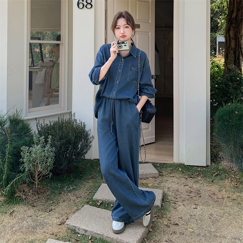 独特牛仔连衣裙女夏薄款2025新款小众设计感宽松假两件套装衬衫裙,女装套装/套裙,2C206