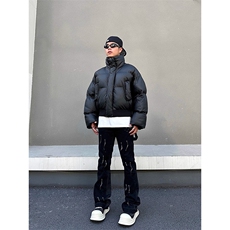 现货5W件冬季三防重磅硬挺boxy短款羽绒立领PU皮棉衣外套加厚棉服，男装棉衣，电商A486-1