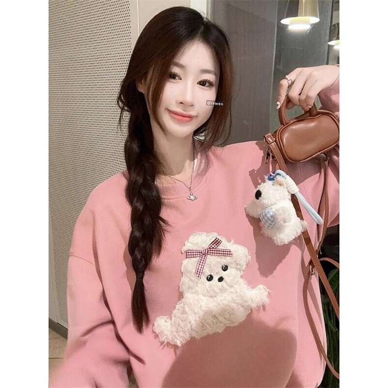 慵懒风无帽长袖毛绒小狗卫衣外套女装秋冬季减龄宽松加绒加厚上衣,男装针织衫/毛衣,星座506A