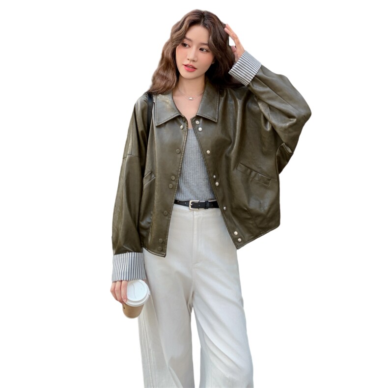 条纹拼接橄榄绿皮衣短外套女春秋2025新款小个子PU夹克爆款高级感,女装短外套,2C177
