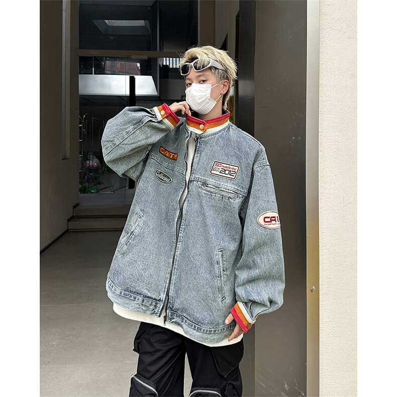 2024新款立领做旧牛仔外套贴布机车赛车服夹克上衣现货W8429-P76,男装工装外套,星座512-4