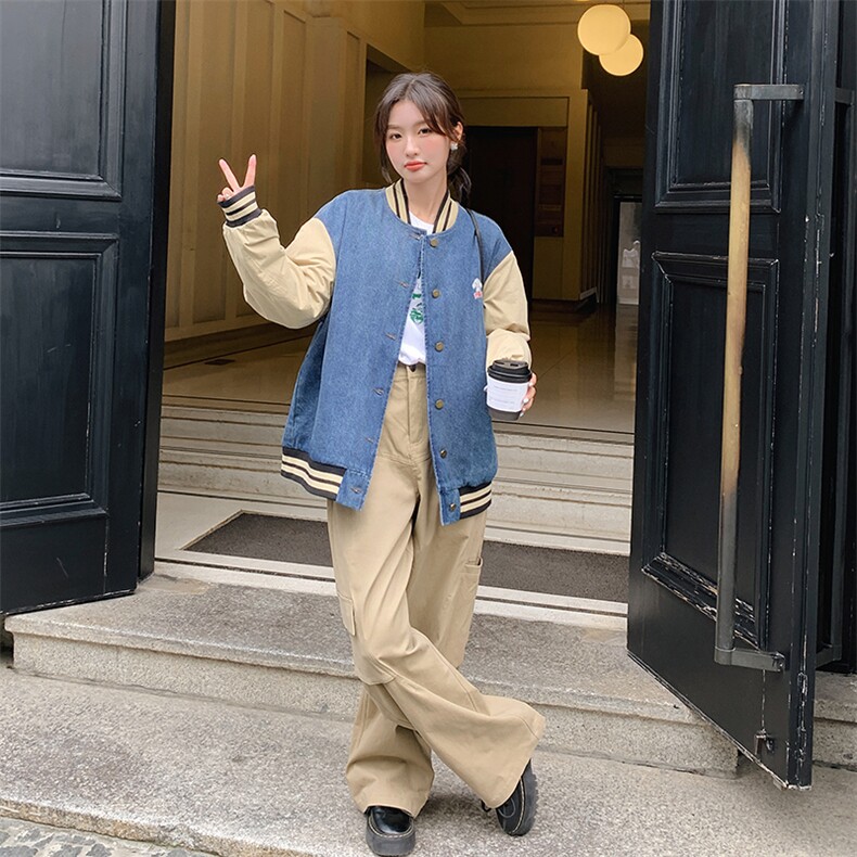 美式复古休闲夹棉牛仔外套女春秋季宽松百搭bf慵懒风棒球服夹克潮,女装牛仔外套,天使之佳话