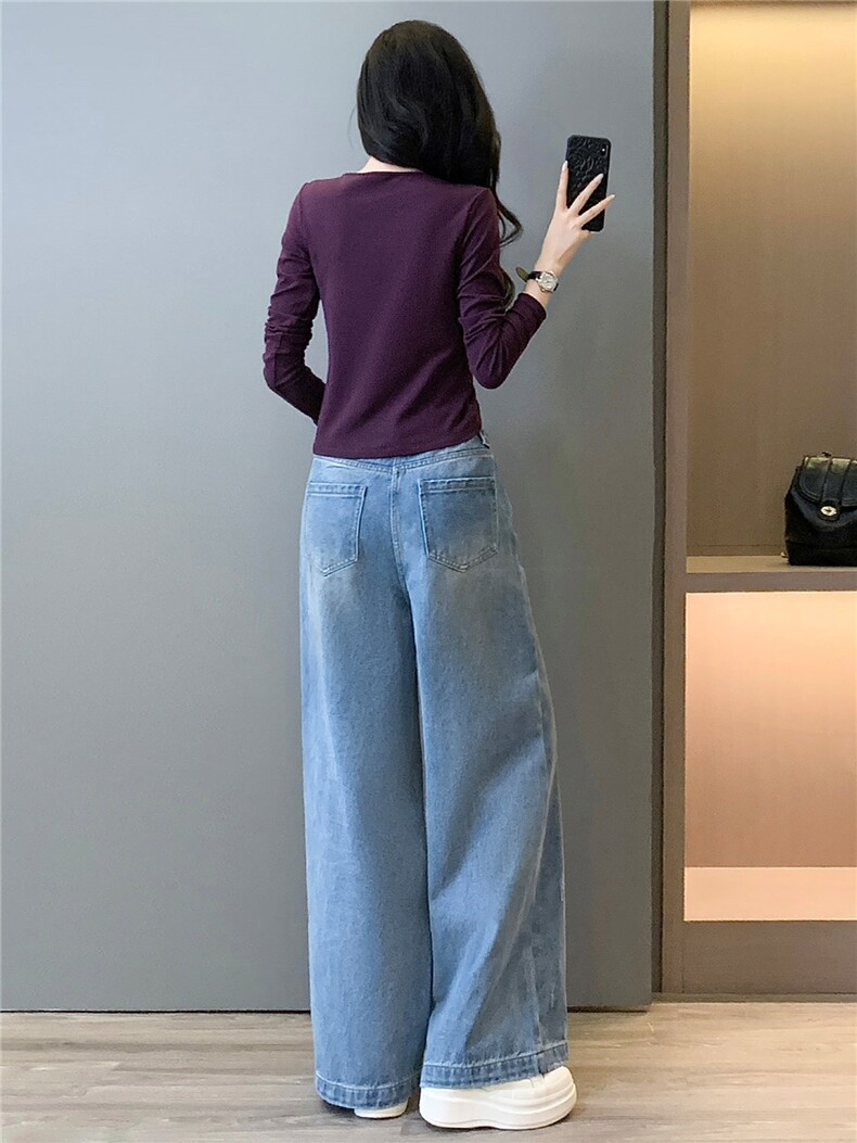 慵懒风时尚休闲运动套装女春新款斜肩领口长袖上衣牛仔长裤两件套,女装套装/套裙,江南