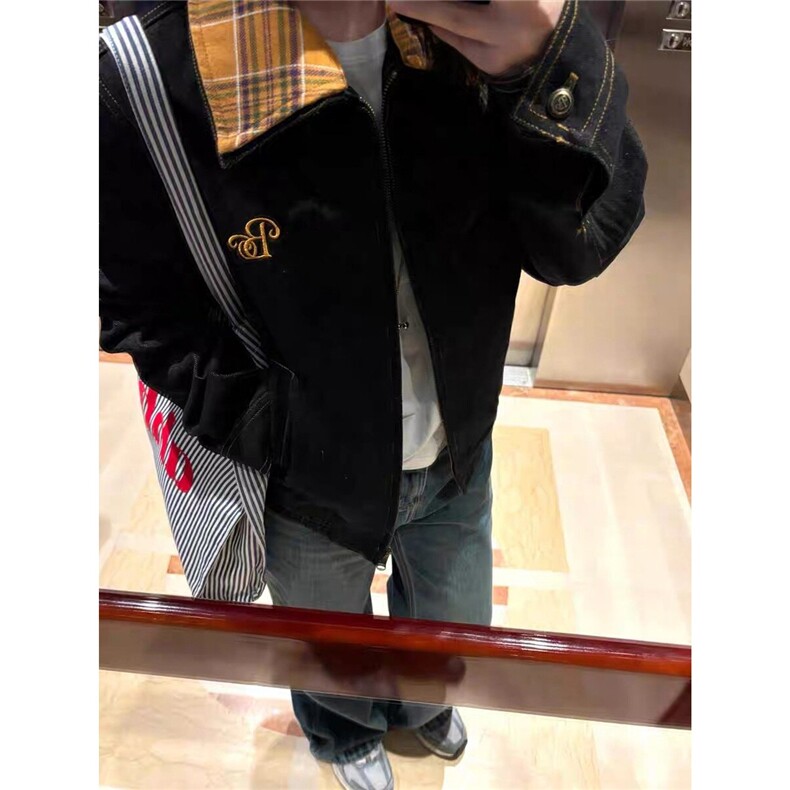 美式复古格子拼接牛仔外套男女春秋冬新款设计工装夹克HH544P85，男装工装外套，星座1013-5