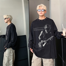 美式复古水洗做旧纯棉禅修T恤男女秋装宽松摇滚人物印花黑色上衣，男装T恤，电商C307