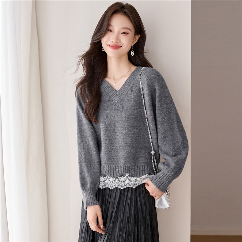 时尚蕾丝拼接假两件宽松高级感2025新款长袖针织衫女秋装新款上衣，女装羊毛衫，艾米