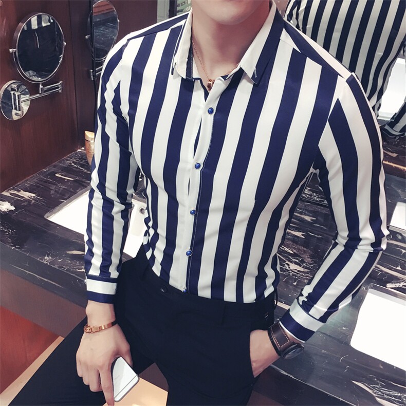 YC009-Q潮男宽条纹长袖衬衫夜店酒吧休闲衬衫衬衣理发师工作服图片