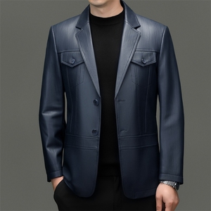 DLSN-D25278新款海宁真皮皮衣男绵羊皮外套商务休闲西服韩版修身,秋天米色短外套搭配什么打底衫图片