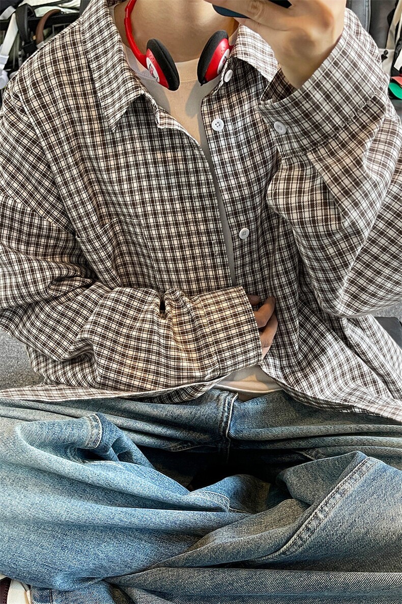 特批P36无差价2025春小格子长袖衬衫男女中性风宽松衬衣上衣C5455,男装衬衫,电商A001-1