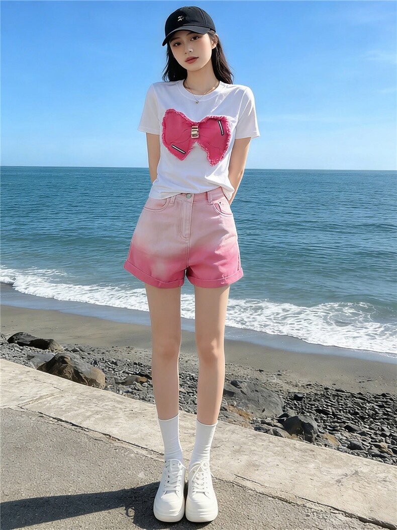 简约个性休闲时尚套装女夏新款刺绣蝴蝶结上衣粉色牛仔短裤两件套,女装套装/套裙,江南