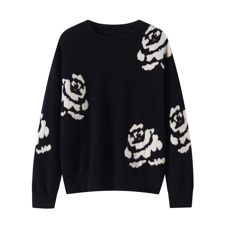 2025年秋季新款百搭女士牡丹花提花圆领圆领羊绒衫，女装羊绒衫，品秋羊绒