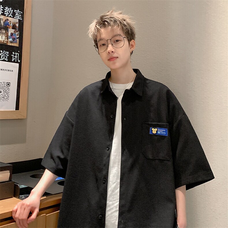 2026夏潮牌男华夫格高克重格子短袖五分袖衬衫 CS880/特P25 黑色5图片