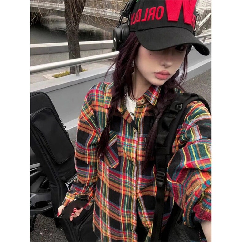 美式复古拼色格子衬衫男女春秋格子polo领长袖衬衫外套女CY31,男装衬衫,星座1116A（原606A-3）