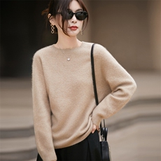 韩系无缝一线拉绒羊毛衫女宽松慵懒毛衣25秋冬圆领保暖打底衫上衣，女装羊毛衫，九嘉羊绒