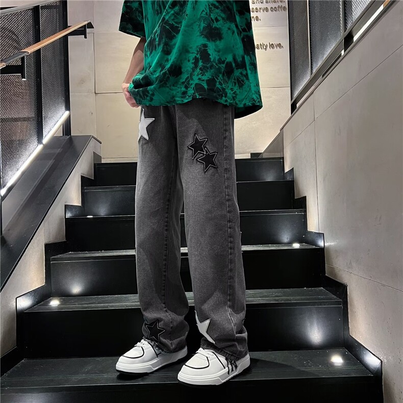 美式高街星星贴布牛仔裤宽松直筒显瘦水洗长裤男女潮,男装牛仔裤,星座410-6（原星座1304-1）