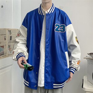 港风春秋新款夹克男字母刺绣港风棒球服宽松休闲PU皮外套2035-P85图片