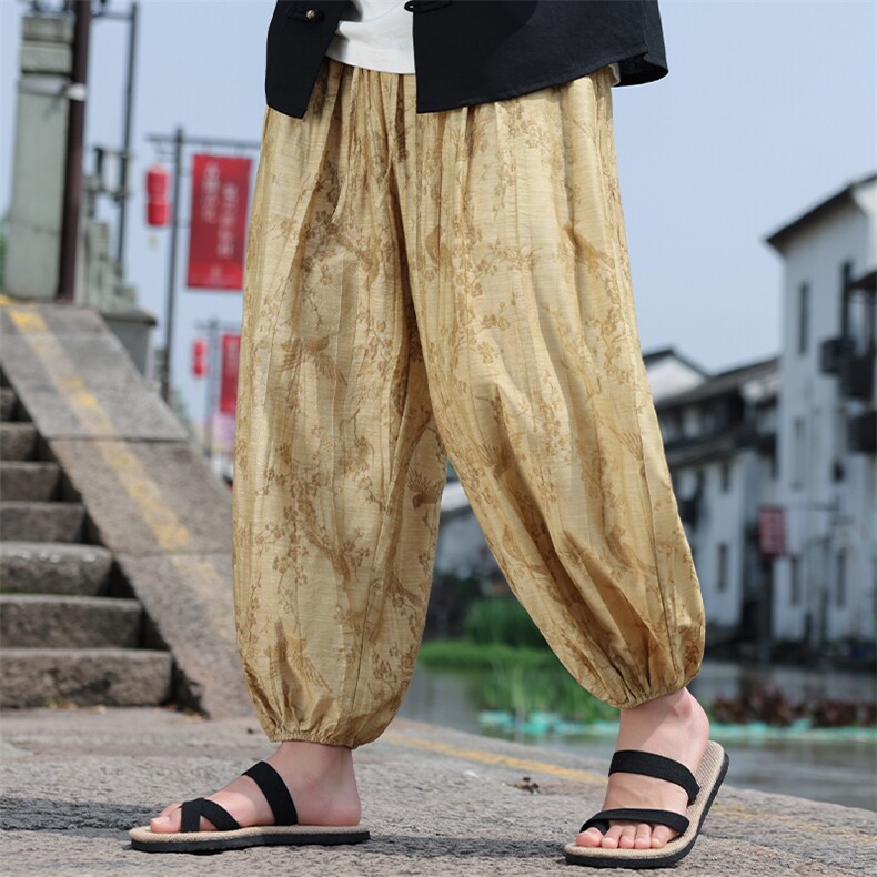 2025夏季新款风男装民族风复古天丝提花阔腿休闲长裤K139-P70,男装民族服装,电商B277(原6028)