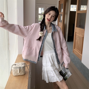 粉色牛仔拼接假两件棒球服外套女春秋新款韩版宽松减龄小个子上衣图片