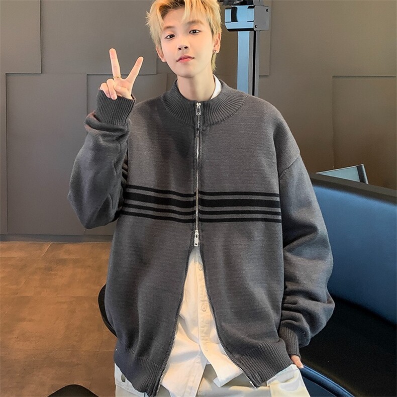 韩版条纹针织开衫男小众设计感双开拉链立领百搭长袖毛衣MY281,男装针织衫/毛衣,星座1116A-1（原606A）